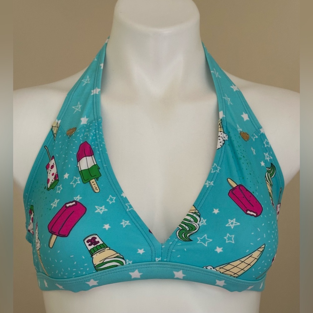 JUICY COUTURE LOS ANGELES Turquoise Blue & Pink Ice Cream Bikini Top Sz 14.